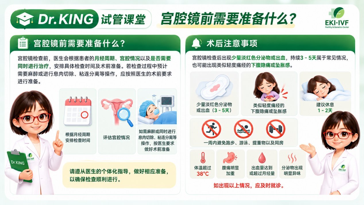 宫腔镜前准备及术后注意事项示意图